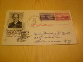 Presidentti Eisenhower Inauguration, 1953 USA ensipäiväkuori, kahdella erilaisella postimerkillä