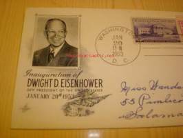 Presidentti Eisenhower Inauguration, 1953 USA ensipäiväkuori, kahdella erilaisella postimerkillä