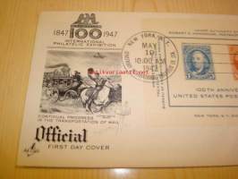 Postimerkki 100-vuotta Centenary U.S. Postage Stamp 1847-1947 USA ensipäiväkuori FDC Souvenir Sheet, mulla on kymmeniä erilaisia postimerkin 100-vuotis