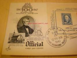 Postimerkki 100-vuotta Centenary U.S. Postage Stamp 1847-1947 USA ensipäiväkuori FDC Souvenir Sheet, mulla on kymmeniä erilaisia postimerkin 100-vuotis