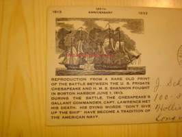 Meritaistelu, The Battle between The U.S. Frigate Chesapeake and H.M.S. Shannon fought in Boston Harbor June 1. 1813 USA 1933 ensipäiväkuori FDC alkuperäisellä