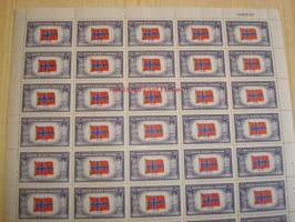 2. maailmansota, miehitetyt valtiot: Norja, täysi 50 postimerkin arkki vuodelta 1943, USA, WWII, Overrun Country.
