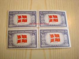 2. maailmansota, miehitetyt valtiot: Tanska, neljä leikkaamatonta ja käyttämätöntä postimerkkiä, vuodelta 1943, USA, WWII, Overrun Country.