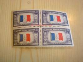 2. maailmansota, miehitetyt valtiot: Ranska, neljä leikkaamatonta ja käyttämätöntä postimerkkiä, vuodelta 1943, USA, WWII, Overrun Country.