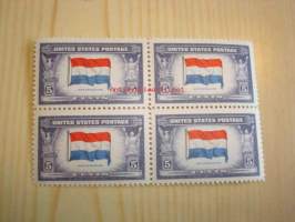 2. maailmansota, miehitetyt valtiot: Hollanti, neljä leikkaamatonta ja käyttämätöntä postimerkkiä, vuodelta 1943, USA, WWII, Overrun Country.