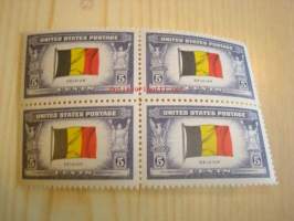 2. maailmansota, miehitetyt valtiot: Belgia, neljä leikkaamatonta ja käyttämätöntä postimerkkiä, vuodelta 1943, USA, WWII, Overrun Country.