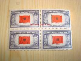 2. maailmansota, miehitetyt valtiot: Albania, neljä leikkaamatonta ja käyttämätöntä postimerkkiä, vuodelta 1943, USA, WWII, Overrun Country.
