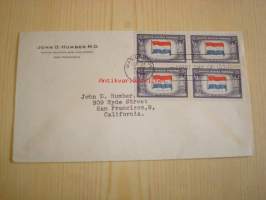 2. maailmansodan miehitetyt valtiot: Hollanti, 1943 USA ensipäiväkuori, WWII, Overrun Country, neljällä postimerkillä.