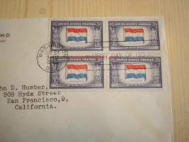 2. maailmansodan miehitetyt valtiot: Hollanti, 1943 USA ensipäiväkuori, WWII, Overrun Country, neljällä postimerkillä.