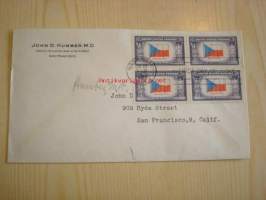 2. maailmansodan miehitetyt valtiot: Tsekkoslovakia, 1943 USA ensipäiväkuori, WWII, Overrun Country, neljällä postimerkillä.
