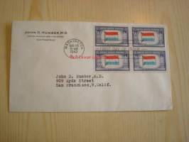 2. maailmansodan miehitetyt valtiot: Luxemburg, 1943 USA ensipäiväkuori, WWII, Overrun Country, neljällä postimerkillä.