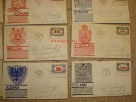 Täysi sarja: 13 erilaista Overrun Country 2. maailmansodan miehitetyt valtiot 1943-1944 USA ensipäiväkuoret FDC, minulla on useita erilaisia täysiä Overrun
