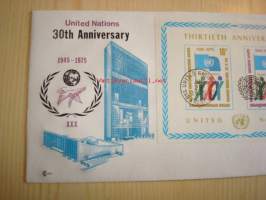 YK 30-vuotta, United Nations, Yhdistyneet Kansakunnat, 1945-1975, USA, ensipäiväkuori, FDC, souvenir sheet.