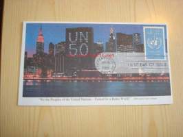 YK 50-vuotta, United Nations, Yhdistyneet Kansakunnat, 1945-1995, USA, ensipäiväkuori, FDC.