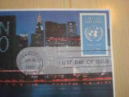 YK 50-vuotta, United Nations, Yhdistyneet Kansakunnat, 1945-1995, USA, ensipäiväkuori, FDC.