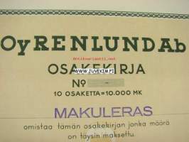 Oy Renlund Ab, Helsinki 1943 10 000 mk -osakekirja