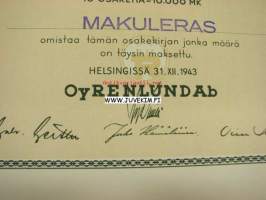 Oy Renlund Ab, Helsinki 1943 10 000 mk -osakekirja