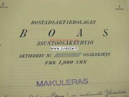 Bostadsaktiebolaget BOAS Asunto-osakeyhtiö, Helsinki 1925 1 000 mk -osakekirja