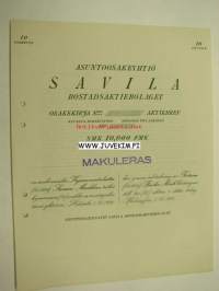 Asunto-osakeyhtiö Savila Bostadsaktiebolaget, Helsinki 1926 10 000 mk -osakekirja