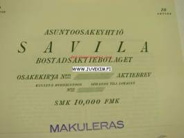Asunto-osakeyhtiö Savila Bostadsaktiebolaget, Helsinki 1926 10 000 mk -osakekirja