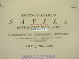 Asunto-osakeyhtiö Savila Bostadsaktiebolaget, Helsinki 1926 5 000 mk -osakekirja