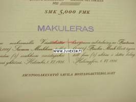 Asunto-osakeyhtiö Savila Bostadsaktiebolaget, Helsinki 1926 5 000 mk -osakekirja