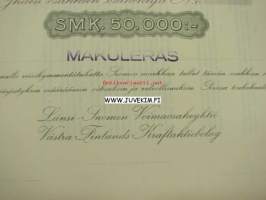Länsi-Suomen Voimaosakeyhtiö Pori 1935 50 000 mk -osakekirja