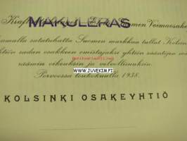Kolsinki Oy Porvoo 1938 100 000 mk -osakekirja