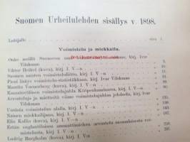 Suomen Urheilulehti 1898 - 1. vuosikerta, sidottu kirjaksi, sisällysluettelo näkyy kohteen runsaista kuvista