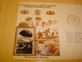 WWII, 2. maailmansota, U.S. Army, Paratroopers Landing, 1945, USA, ensipäiväkuori, FDC, laskuvarjojoukot.