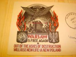 WWII, 2. maailmansota, Warsaw is Free Again, 1945, USA, ensipäiväkuori, FDC, harvinainen, Overrun Country, miehitetyt valtiot, Puola.