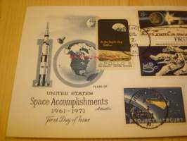 Space Accomplishments, 1971, USA, ensipäiväkuori, FDC. 7 erilaista postimerkkiä, harvinaisempi versio.