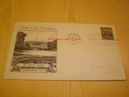 Valkoinen Talo, White House, Home of the Presidents, 1938, USA, ensipäiväkuori, FDC.