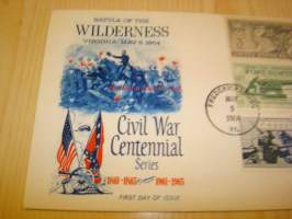 USA sisällisota, Civil War, Battle of Wilderness, 1964, USA, ensipäiväkuori, FDC, 6 erilaista postimerkkiä.