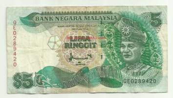 Malesia  5  Ringgit 1986-91  -   seteli  turvalanka / Malesia on valtio Kaakkois-Aasiassa. Sen pääkaupunki on Kuala Lumpur. Malesian väkiluku on