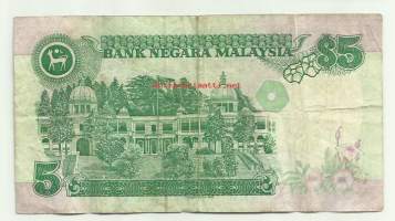 Malesia  5  Ringgit 1986-91  -   seteli  turvalanka / Malesia on valtio Kaakkois-Aasiassa. Sen pääkaupunki on Kuala Lumpur. Malesian väkiluku on