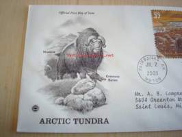 Arctic Tundra, myskihärkä ja korppi, 2003, USA, ensipäiväkuori, FDC. Katso myös muut kohteeni, mm. noin 1 200 erilaista amerikkalaista ensipäiväkuorta