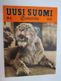 Uusi Suomi Sunnuntailiite 1939 nr 8 sis. mm. seur. artikkelit / kuvat; Runebergin patsaaseen nimi, Karnevaalit Saksassa, Viidakon eläimiä - kameramiehen saalis,