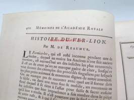 Histoire du Ver-Lion - Mémoires de L´Academi Royale des Sciences -sarjassa v. 1753 ilmestynyt tieteellinen tutkielma, eripainos / painoksen osa ilman erillisiä