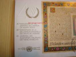 40th Anniversary of the Universal Declaration of Human Rights, YK, Yhdistyneet Kansakunnat, United Nations, 1988, USA, ensipäiväkuori, FDC. Katso myös muut