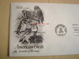 American Owls, Symbols of Wisdom, pöllö, 1978, USA, ensipäiväkuori, FDC. Katso myös muut kohteeni, mm. noin 1 200 erilaista amerikkalaista ensipäiväkuorta