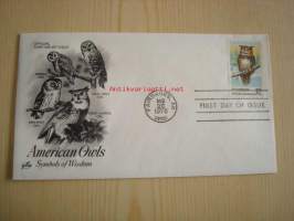 American Owls, Symbols of Wisdom, pöllö, 1978, USA, ensipäiväkuori, FDC. Katso myös muut kohteeni, mm. noin 1 200 erilaista amerikkalaista ensipäiväkuorta