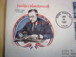 Presidentti Franklin Delano Roosevelt, 1982, USA, ensipäiväkuori, FDC. Katso myös muut kohteeni, mm. noin 1 200 erilaista amerikkalaista ensipäiväkuorta