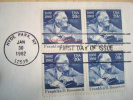Presidentti Franklin Delano Roosevelt, 1982, USA, ensipäiväkuori, FDC. Katso myös muut kohteeni, mm. noin 1 200 erilaista amerikkalaista ensipäiväkuorta