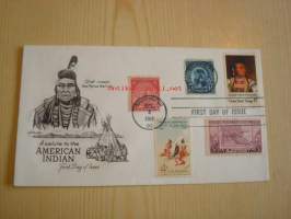 American Indian, 1968, USA, ensipäiväkuori, FDC, 5 erilaista postimerkkiä mm. vuoden 1928 American Indian -postimerkki, harvinainen. Katso myös muut kohteeni,
