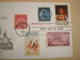 American Indian, 1968, USA, ensipäiväkuori, FDC, 5 erilaista postimerkkiä mm. vuoden 1928 American Indian -postimerkki, harvinainen. Katso myös muut kohteeni,