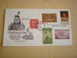 American Indian, 1968, USA, ensipäiväkuori, FDC, 5 erilaista postimerkkiä mm. vuoden 1945 U.S. Marine Corps Iwo Jima -postimerkki, harvinainen. Katso myös muut