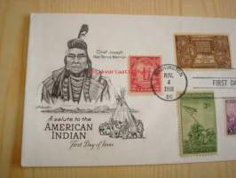 American Indian, 1968, USA, ensipäiväkuori, FDC, 5 erilaista postimerkkiä mm. vuoden 1945 U.S. Marine Corps Iwo Jima -postimerkki, harvinainen. Katso myös muut