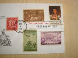 American Indian, 1968, USA, ensipäiväkuori, FDC, 5 erilaista postimerkkiä mm. vuoden 1945 U.S. Marine Corps Iwo Jima -postimerkki, harvinainen. Katso myös muut