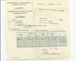 Tampereen kaupungin Sähkölaitos lasku 1949 - firmalomake  2 kpl